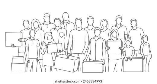 A group of people holding boxes and signs. Scene is that of a group of people coming together to help each other. Hand drawn vector illustration. Black and white.