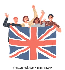 Group of people are holding the British flag. Learn English