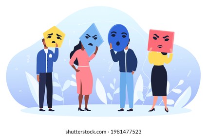 Grupo de personas con máscaras coloridas con diferentes emociones. Concepto de comunicación no verbal con expresiones faciales alegres, tristes, enfadadas y aburridas. Ilustración vectorial de dibujos animados planos