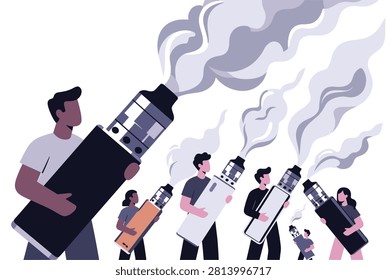 Group of people holding different sized electronic cigarettes and blowing smoke clouds representing rising vaping trends.