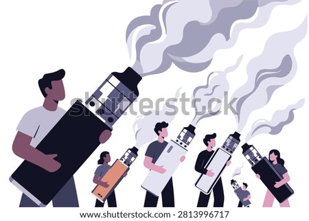 Group of people holding different sized electronic cigarettes and blowing smoke clouds representing rising vaping trends.