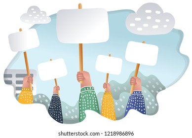 Group people holding empty boards and shouting at the strike action, social or political movement, expressing active position for rights. Blank banners. Vector cartoon illustration of demonstration