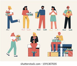 Group people holding gift box and congratulate with holidays. Vector flat style website template, web page and landing page design for website and mobile site development.