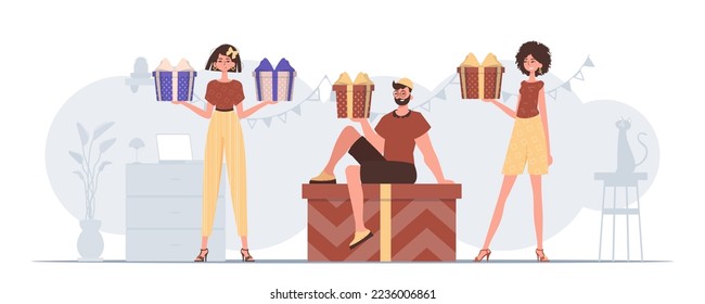 A group of people is holding a gift box in their hands. Modern character style.