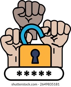A group of people are holding hands and one of them is holding a key to a lock. Concept of unity and strength, as the people are working together to open the lock