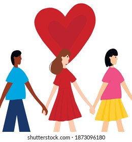 A group of people holding hands. Team of young men and women, characters standing together, friendship, unity concept vector illustration. Group of people standing, red heart.