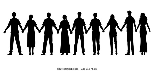 Group of People holding hands together silhouette. vector illustration