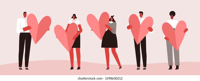 Group of people holding hearts for valentines day