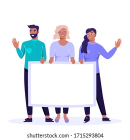 Group of people holding horizontal empty cardboard with copy space for text. Team holding announce poster. Vector illustration for marketing.