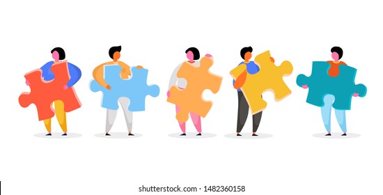 Group of people holding jigsaw puzzle. Vector illustration