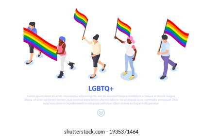 Group of people holding lgbtq flags isolated on white background. Defending rights and freedoms. Flat vector isometric illustration.