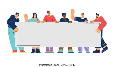 Group of people holding long empty sign flat style, vector illustration isolated on white background. Copy space for text, announcement banner, design element