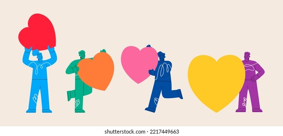 Group of people holding love symbols. Charity and donation concept. Colorful vector illustration
