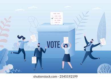 Grupo de pessoas segurando cédulas de papel. Grande urna de voto com texto - voto. Referendo ou histórico de conceito de eleição. Vários personagens em estilo moderno. Ilustração de vetor plano