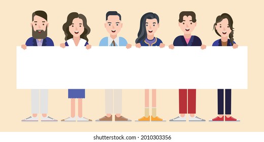 Group of people holding placard, banner, poster, sign boards. Protest people. flat design style men and woman characters.
