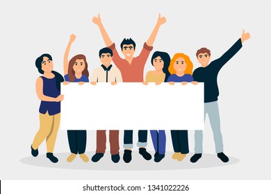 Group of people holding placard flat illustration. Students demonstration. Colleagues cartoon characters. Guy showing blank poster, banner with copyspace. Empty paper for text isolated design element