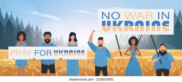 A group of people are holding posters supporting Ukraine. Flat style. Vector illustration.