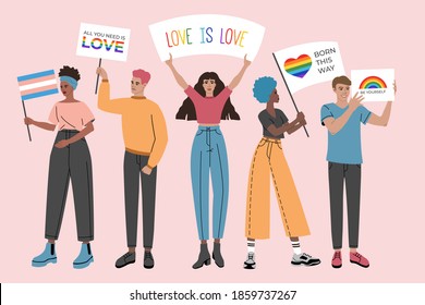 Group of people holding posters, symbols, signs and flags with lgbt rainbows, gay parade, pride month. Human rights. Hand drawn vector illustration in flat cartoon style, isolated on pink background. 