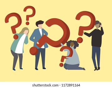 Un grupo de personas con signos de interrogación, ilustración