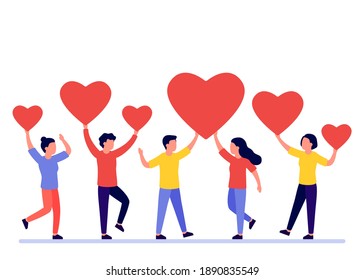 Un grupo de personas tiene forma de corazón rojo. Hombres y mujeres dan retroalimentación, apoyo, ayuda, amor. Buena reseña, como. Concepto de San Valentín. Ilustración del vector