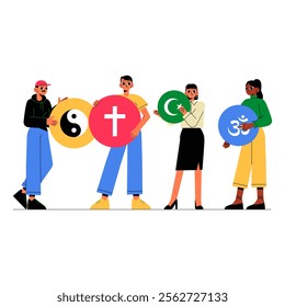 Group Of People Holding Religious Symbols In Flat Vector Illustration Symbolizing Diversity, Unity, And Beliefs, Isolated On White Background