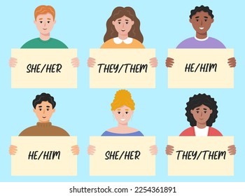 Group of people holding signs with different gender pronouns. He, she, they, non-binary person. Vector illustration in flat style.