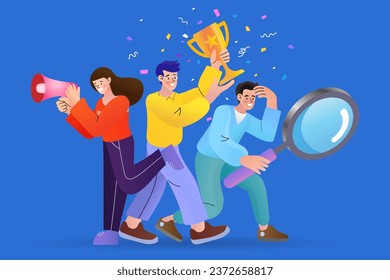 Group of people holding trophy. golden cup and confetti. Business team achievements. Get reward and celebrate. success, leadership, awards. Winning of competition. Vector illustration flat style.