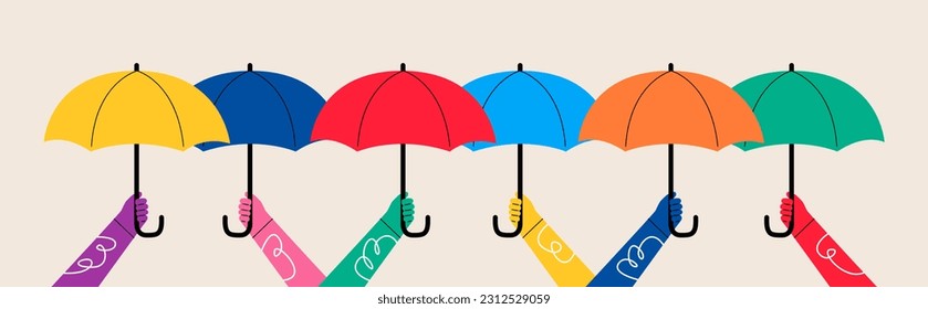 Group of people holding umbrellas. Colorful vector illustration