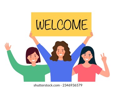 Group of people holding welcome sign with cheerful greetings in flat design. People welcoming concept.