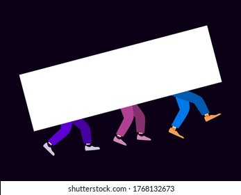 Group of people are holding a white banner, view of the legs in trousers and shoes. Foot movement. Vector illustration