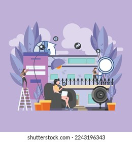 Group of people homeworkers, freelance, typewriter, Purple background isolated flat vector illustration.