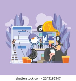 Group of people homeworkers, freelance, typewriter, Purple background isolated flat vector illustration.