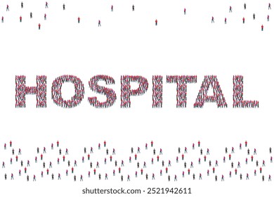 Group of people with hospital text isolated on white background.