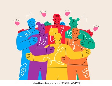 Un grupo de personas abrazan el abrazo para mostrar unidad y unión. Amistad, concepto de apoyo. Ilustración vectorial colorida
