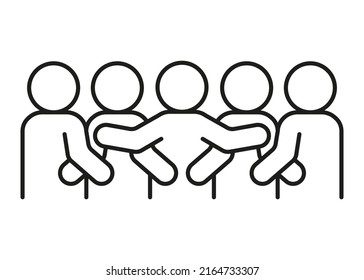 Group people hug, line icon. Embrace friend, family, teamwork. Hope, support, care through social cuddle. Vector outline sign illustration