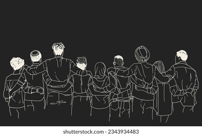 Group of people hugging each other. Black and white vector line art illustration