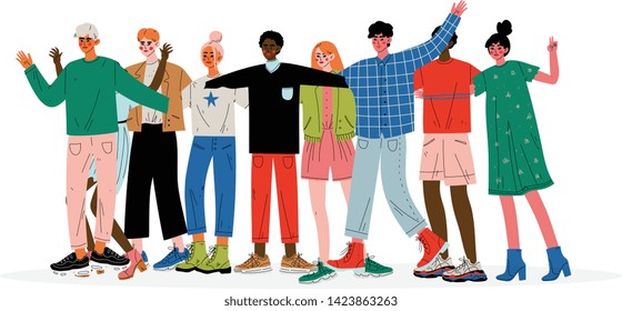 Group of People Hugging, Male and Female Friends of Different Nationalities Standing Together Celebrating Event Vector Illustration