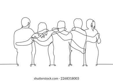 group of people hugging - one line drawing vector. concept friends guys and girls stand in a row hugging a wall