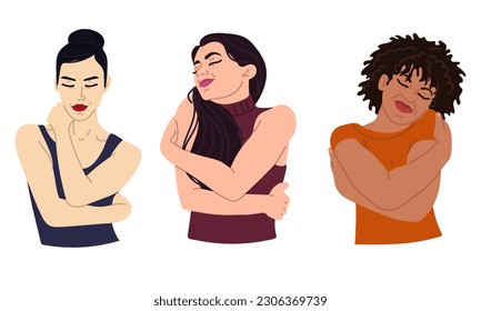 A group of people hugging themselves. The Concept Of Self-acceptance, Showing The Importance Of Self-Care. Women Find Solace in self-love. Self-acceptance, diversity. Cartoon vector illustration