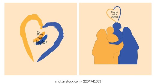 Group of people  hugging together. Hands covering Ukraine. Stand with Ukraine. Save Ukraine from russia. Stop war. Set of three hand drawn modern Vector illustrations