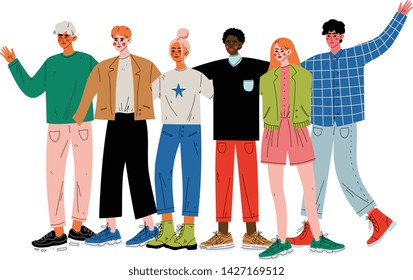 Group of People Hugging, Young Men and Women of Different Nationalities Standing Together Celebrating Event Vector Illustration