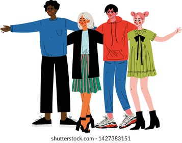 Group of People Hugging, Young Men and Women Standing Together Celebrating Event Vector Illustration