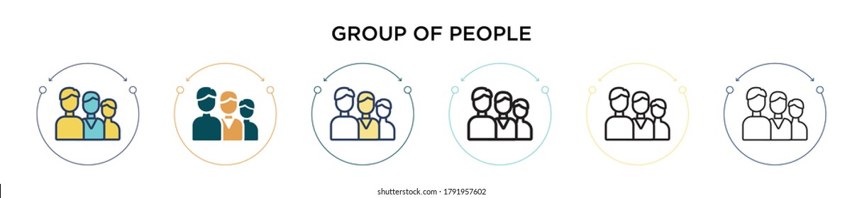 Group of people icon in filled, thin line, outline and stroke style. Vector illustration of two colored and black group of people vector icons designs can be used for mobile, ui, web