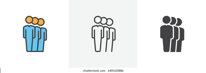 Group of people icon. Line, glyph and filled outline colorful version, People queue outline and filled vector sign. Symbol, logo illustration. Different style icons set. Vector graphics