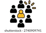 Group of people icons with one highlighted in yellow surrounded by other icons in black representing a team or group with a selected or featured member in a minimalist modern graphic style on a white background.