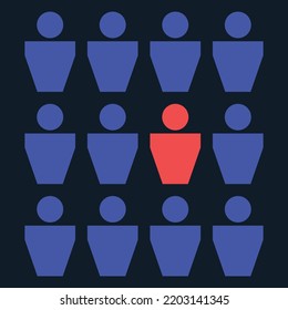 Group of people icons. Red silhouette of a man among blue people on a black background. Out of the box thinking, stand out from the crowd.