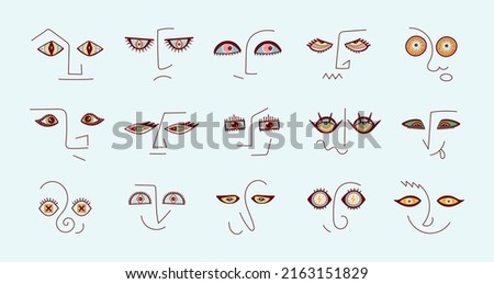 Group of People Icons Vector Set. Abstract Various Strange Faces with Evil, Funny, Comic and Bizarre Eye Different Shapes. Woman, Man, Alien Face.  Modern Art.