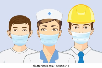 Group of people include nurse and kid and engineer wearing breath mask for protect dust particles and bacteria pass into nose. 