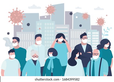 Group Of People Infected Coronavirus, Quarantine. Urban View, City Life. Crowd Of Adults, Banner Template. Global Epidemic Virus Covid-19. Human Characters In Protective Masks. Pandemic Spread. Vector