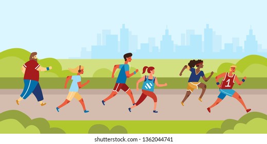 Group of people jogging in the park. Runners character set. Flat style vector illustration